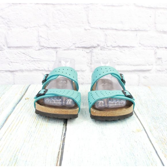 Birkenstock Birki's Freeport Blue Perforated Leather 2 Strap Sandals Size L6 M4 - Picture 4 of 9